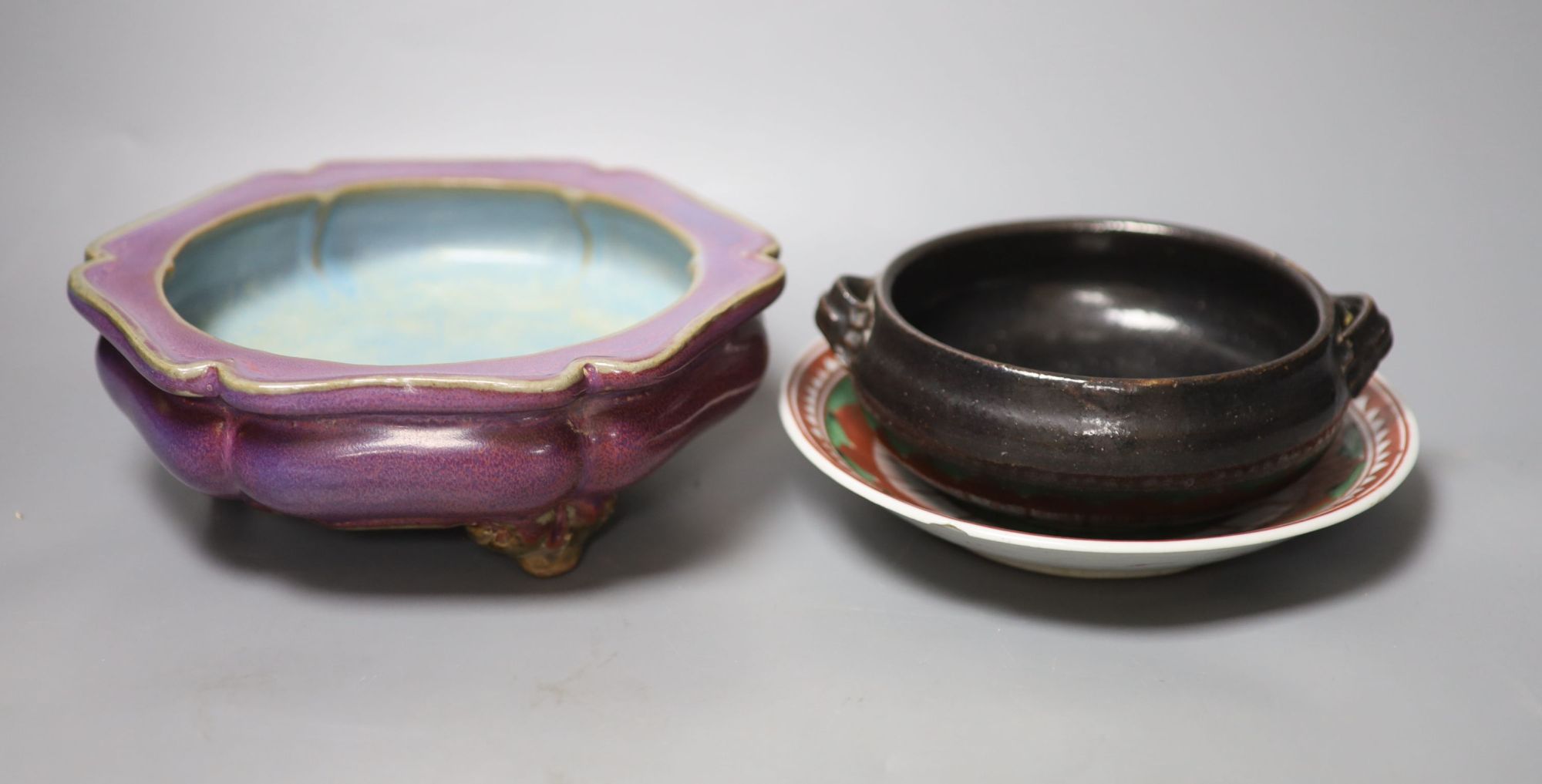 A Chinese Henan style censer, a Jun type censer censers and a polychrome dish, longest 22cm